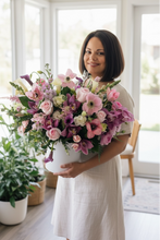 Load image into Gallery viewer, Orchid Elegance Hat Box – Luxury Floral Arrangement with Roses & Calla Lilies