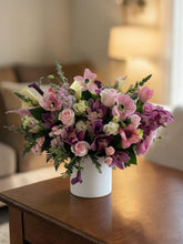 Load image into Gallery viewer, Orchid Elegance Hat Box – Luxury Floral Arrangement with Roses & Calla Lilies