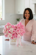 Load image into Gallery viewer, blossomstreetflorist Forever Yours heart-shaped pink rose and orchid arrangement in a white box with pearl accents
